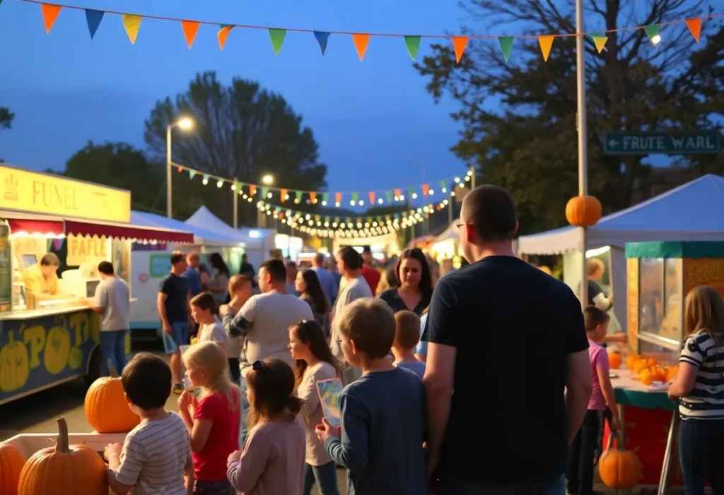 Families enjoying the East Grand Rapids Harvest Festival with food trucks and children's activities.