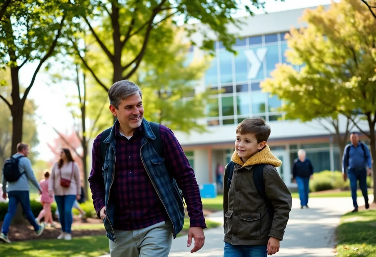Father and son walking together at the YMCA in Grand Rapids.