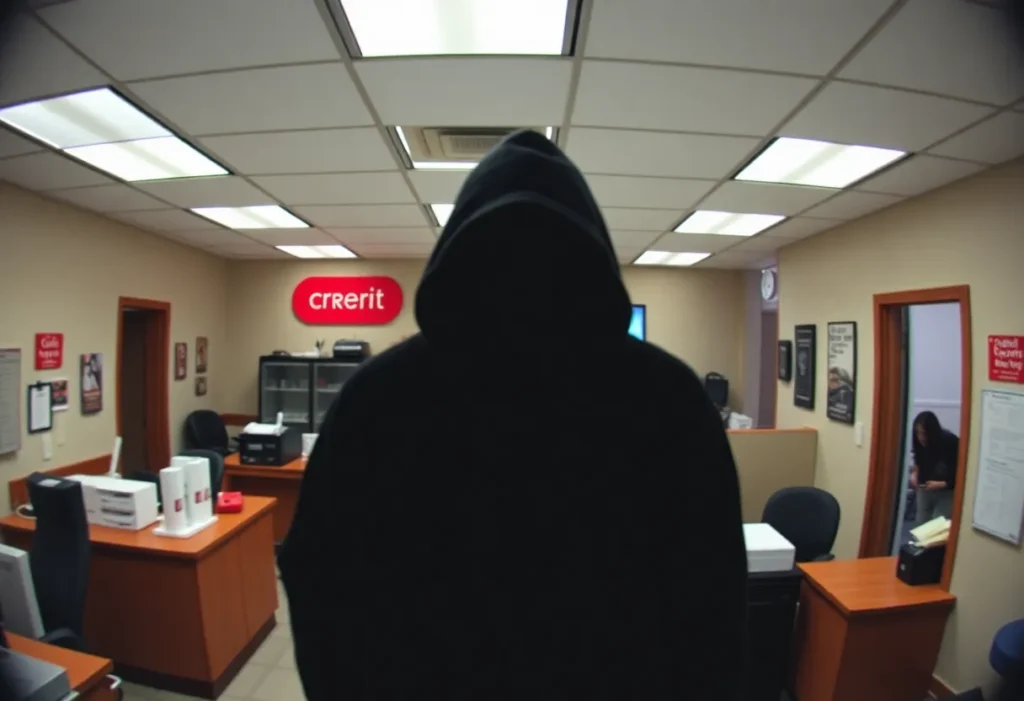 A security camera view showing a bank robbery in progress