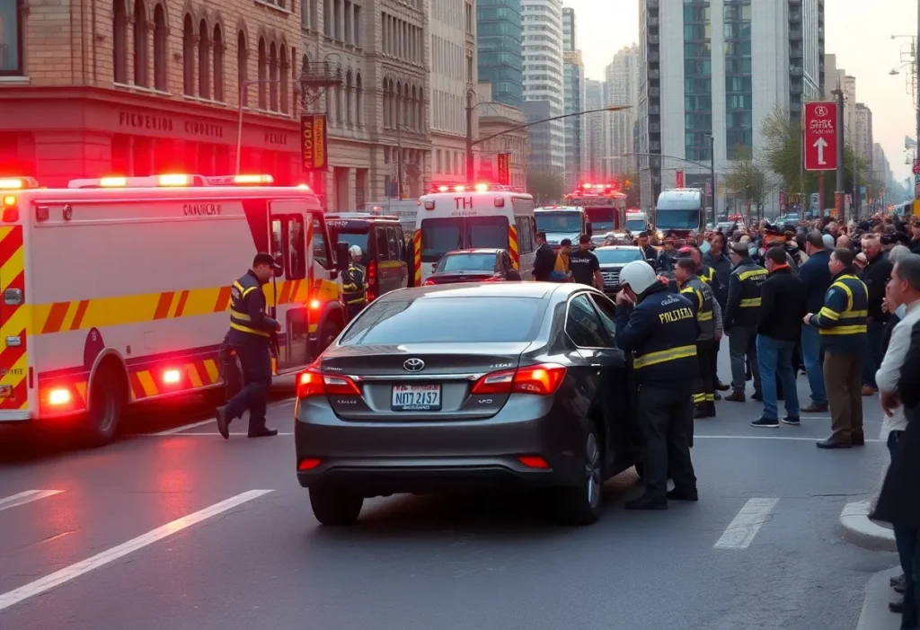 Emergency responders manage a rollover crash on Wealthy Street in Grand Rapids