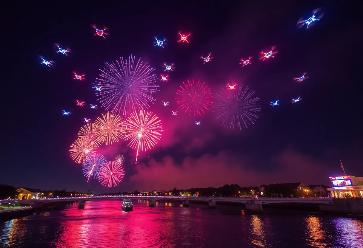 Aerial view of the Grand Rapids drone show with colorful lights in the night sky