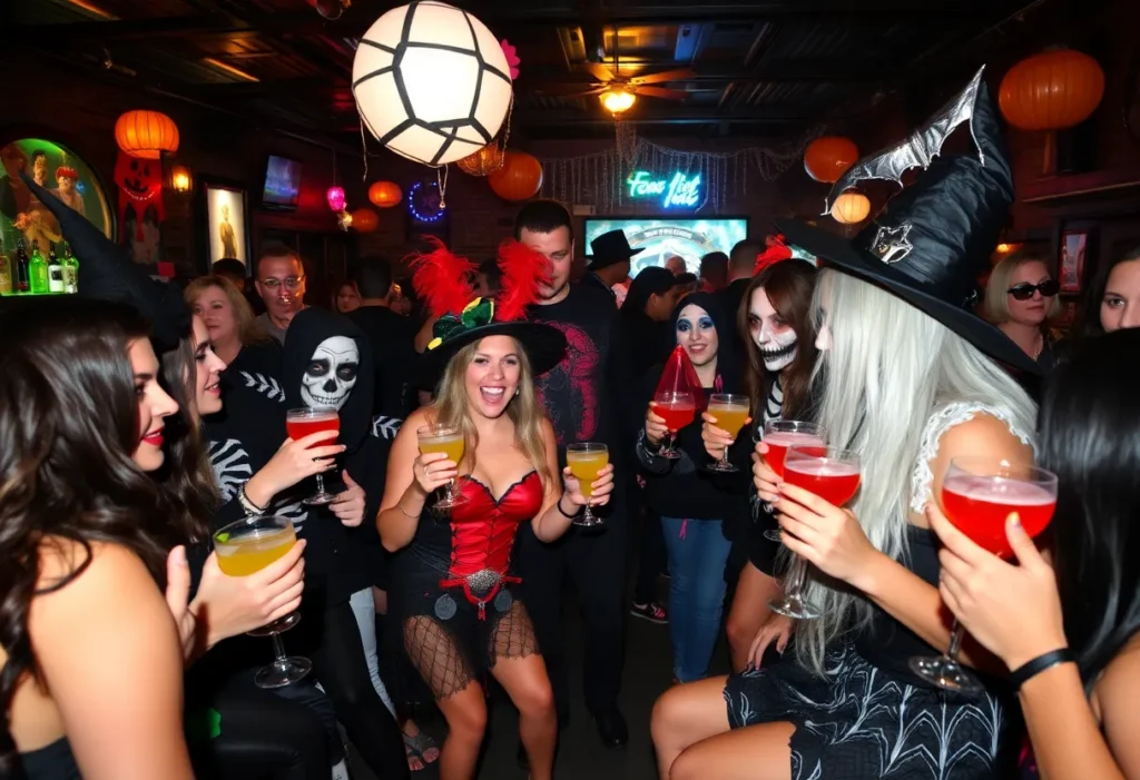 Participants in costumes enjoying drinks at the Grand Rapids Halloween bar crawl
