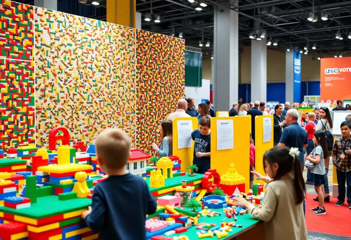 Attendees interacting with Lego creations at the Grand Rapids Brickworld Expo focused on ranked choice voting.
