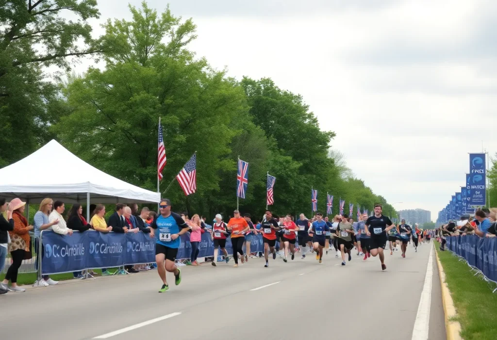 Participants running in the Grand Rapids Marathon with spectators cheering in the background