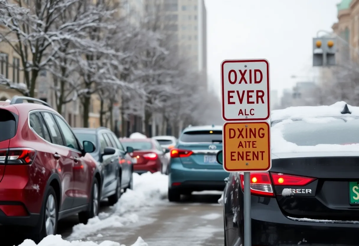 Cars parked according to odd-even parking rules in Grand Rapids during winter.