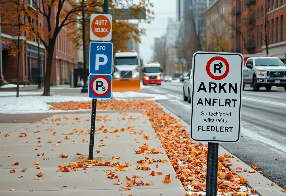 Parking restriction signs on a Grand Rapids street during fall