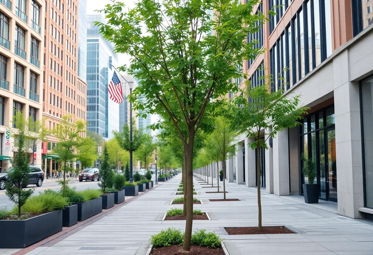 Newly planted trees along Grand Rapids sidewalks