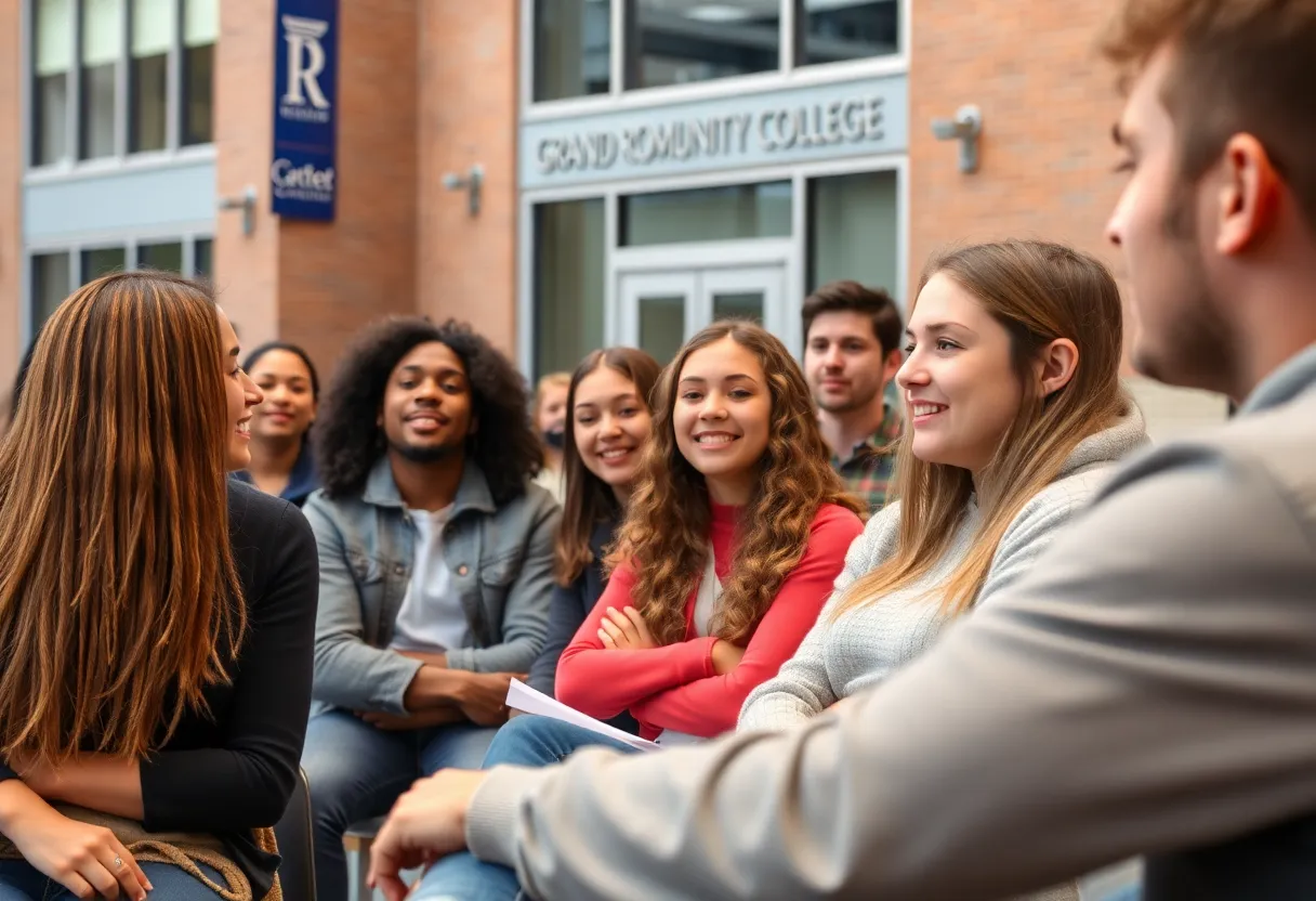 Students participating in a town hall meeting at Grand Rapids Community College