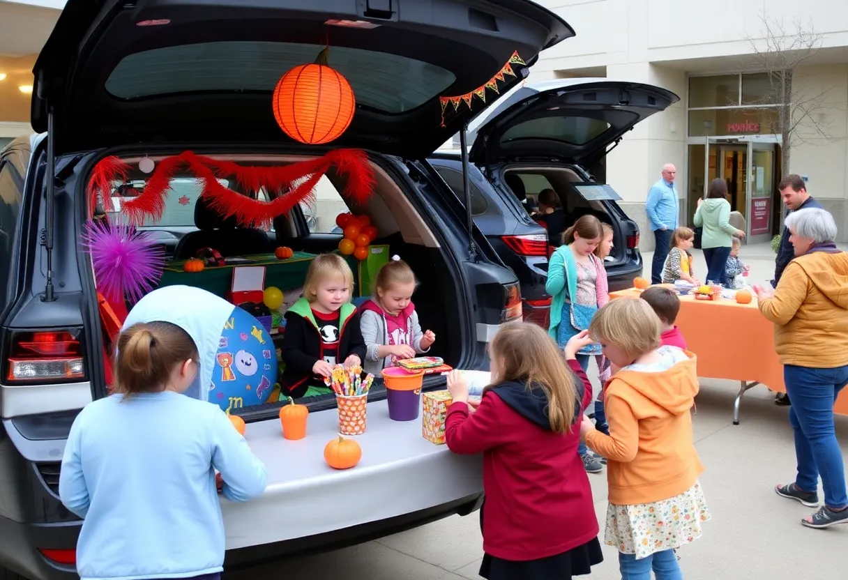 Children celebrating Halloween at Mary Free Bed Rehabilitation Hospital during trunk-or-treat event.