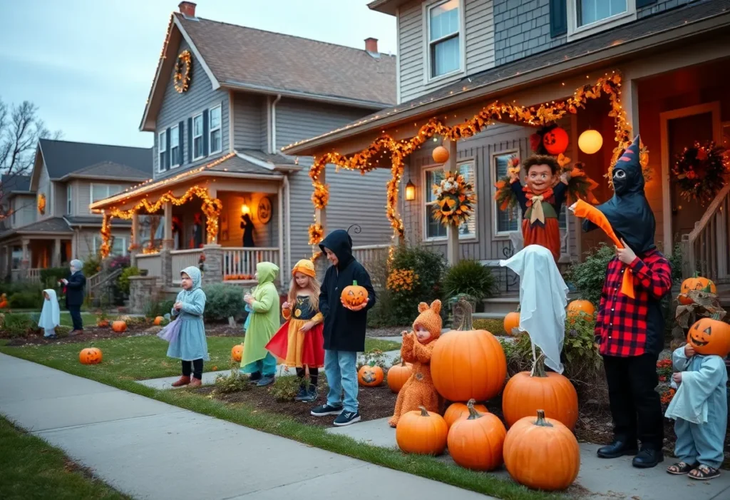 Children in costumes trick-or-treating in a decorated neighborhood
