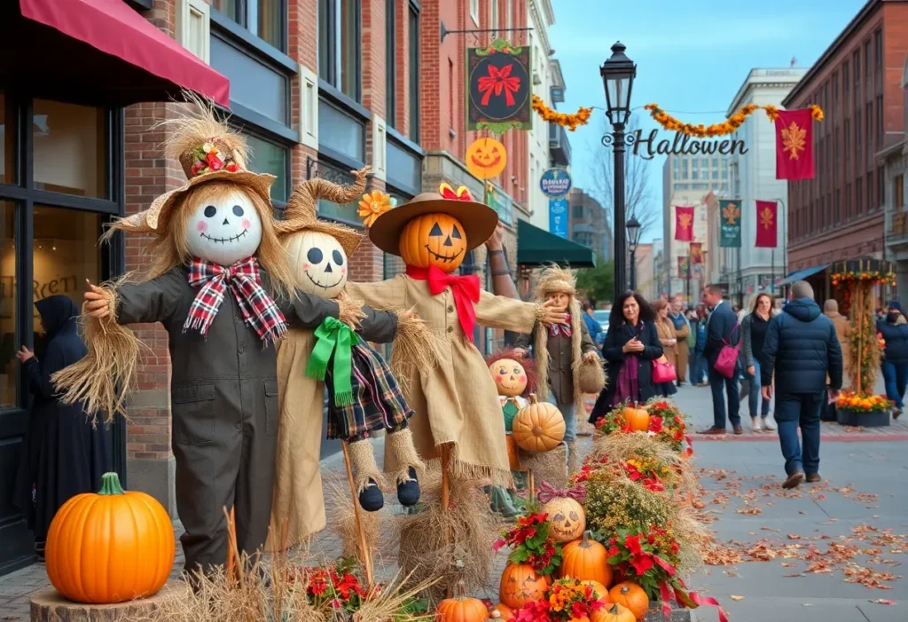 A vibrant Halloween scene in downtown Grand Rapids with decorations and costumes.