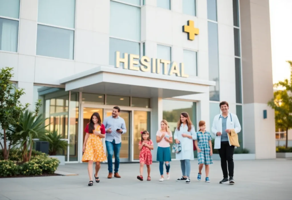 Exterior view of Helen DeVos Children's Hospital with families and healthcare staff.