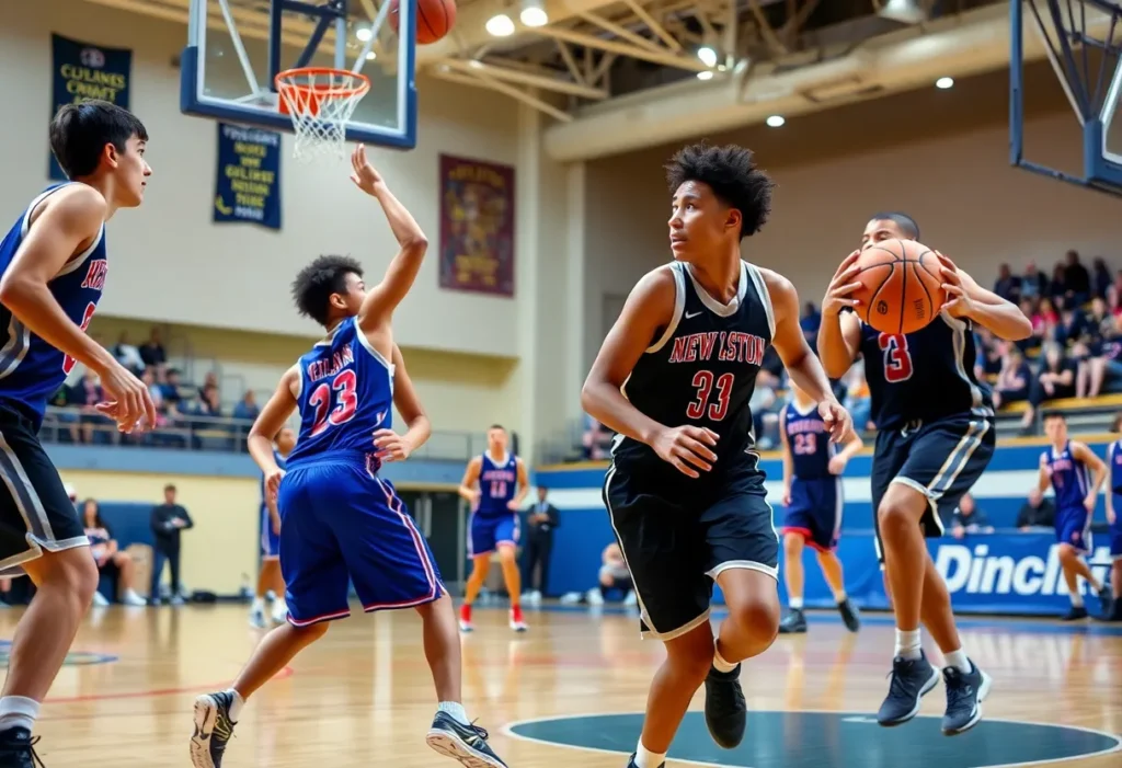 High school basketball players in action during a competitive game.