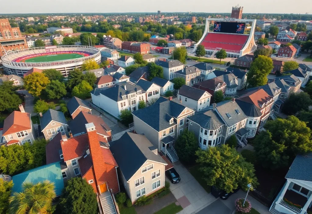 Neighborhood homes near a college stadium on game day.