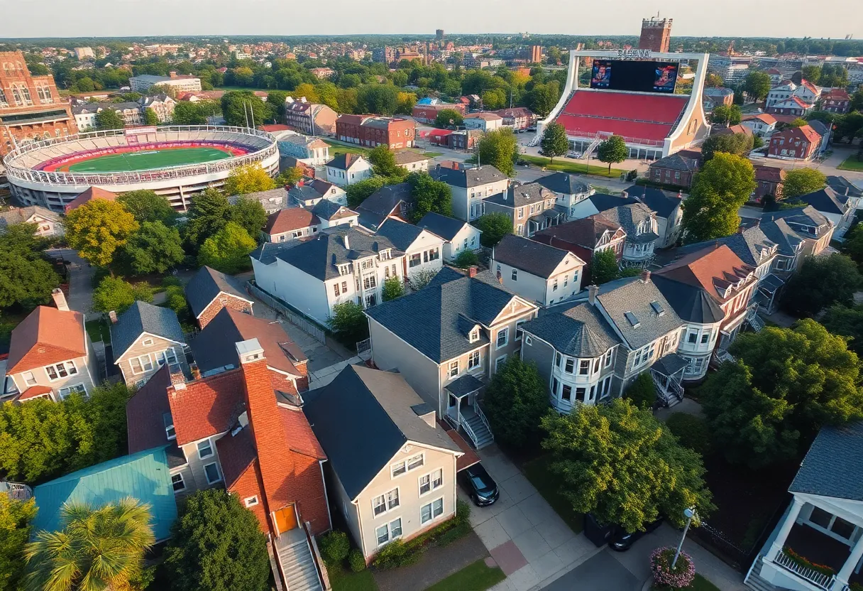 Neighborhood homes near a college stadium on game day.