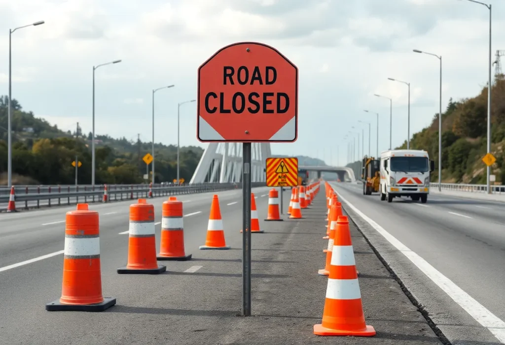 Construction site of I-196 with closed road signs and equipment for bridge repairs.