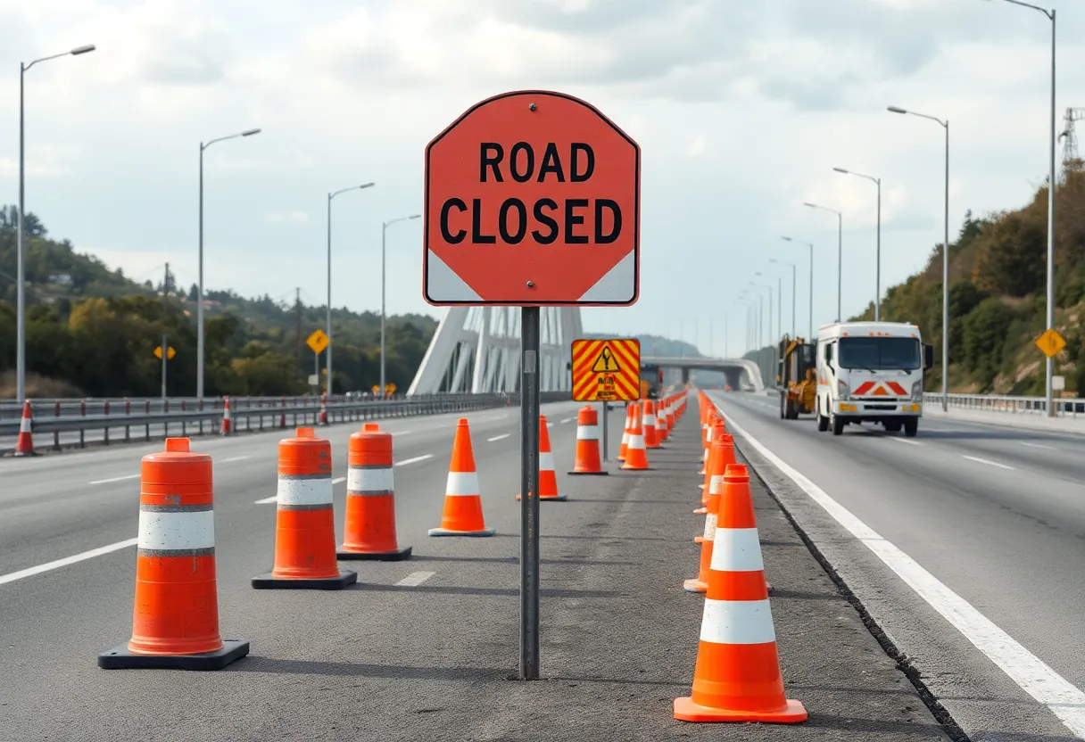 Construction site of I-196 with closed road signs and equipment for bridge repairs.