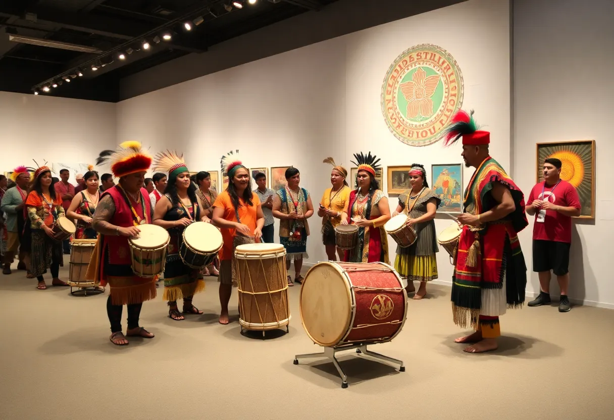 Celebration of Indigenous Peoples' Day with traditional art and cultural activities at a museum.