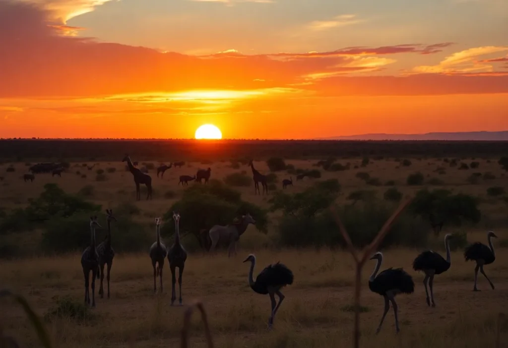A scenic African savannah with giraffes and ostriches in the John Ball Zoo.