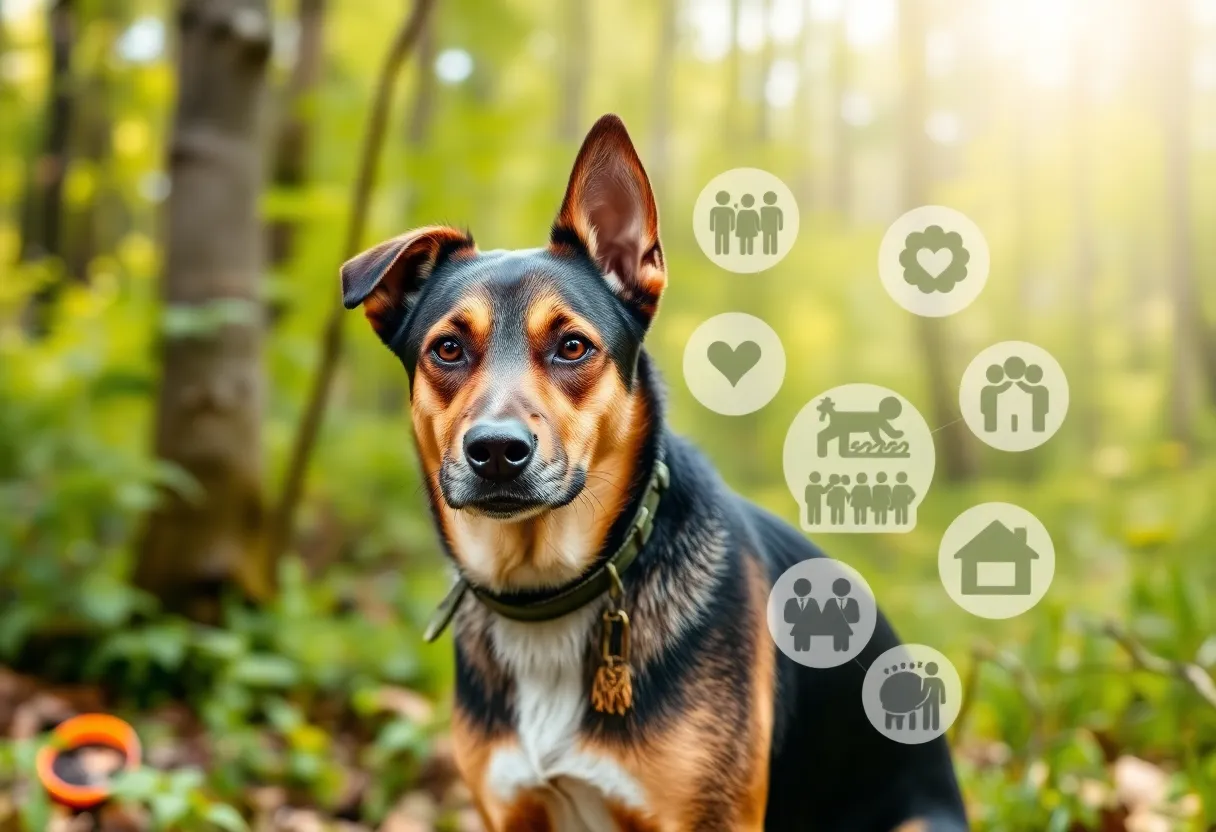 K-9 Soka the dog in a forest with community members in the background