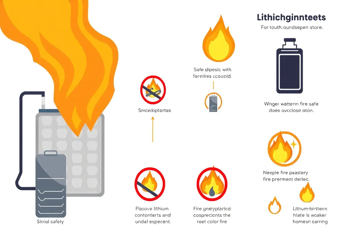 Fire safety illustration focusing on lithium batteries and proper disposal methods.