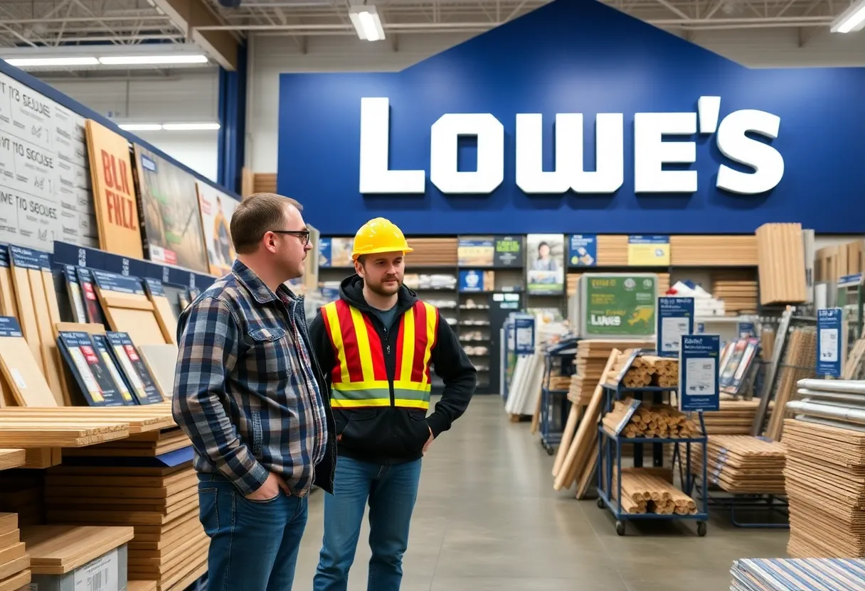 Variety of building materials at a construction site with Lowe's branding