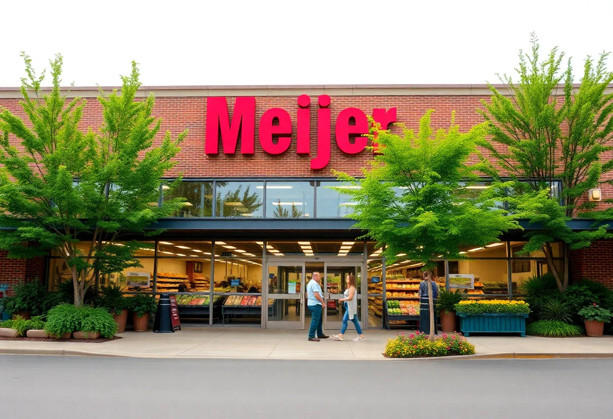Meijer grocery store front with shoppers