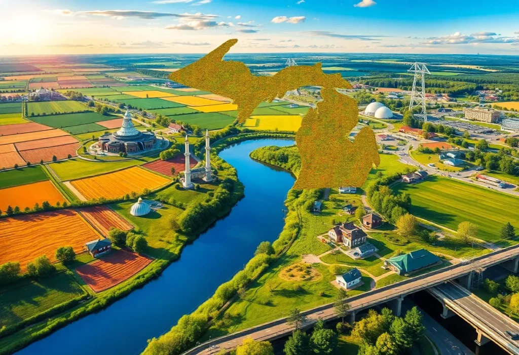 A collage representing Michigan's agriculture, art, and infrastructure