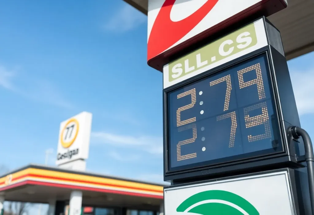 Gas station in Michigan with low gas prices displayed