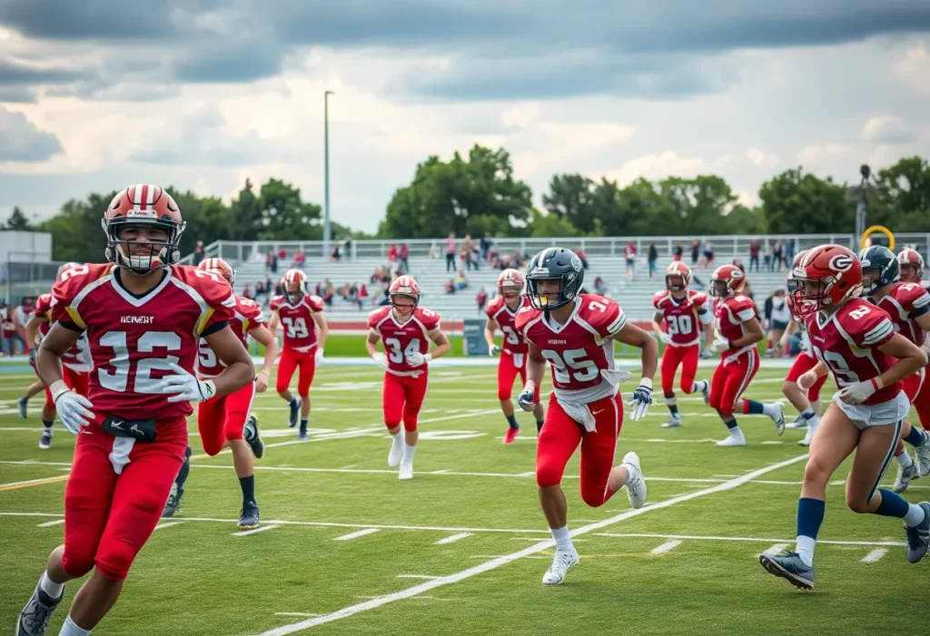 High school football players battling on the field