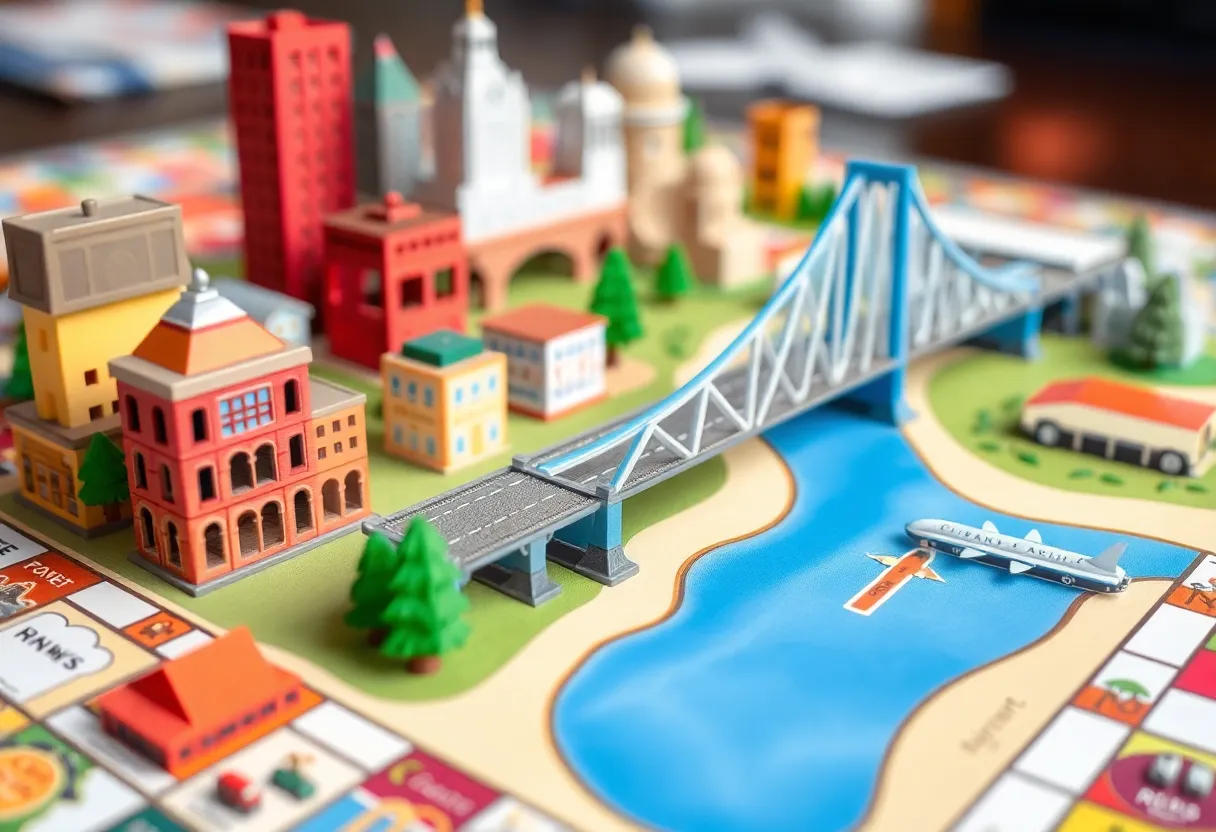 Game board of MONOPOLY: Grand Rapids Edition depicting local landmarks