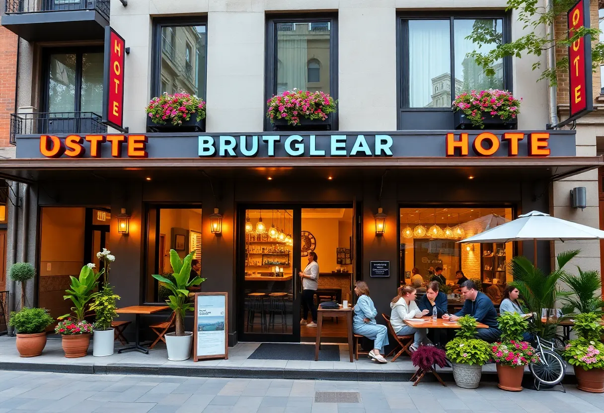 Exterior view of a new boutique hotel in Grand Rapids with vibrant outdoor seating.