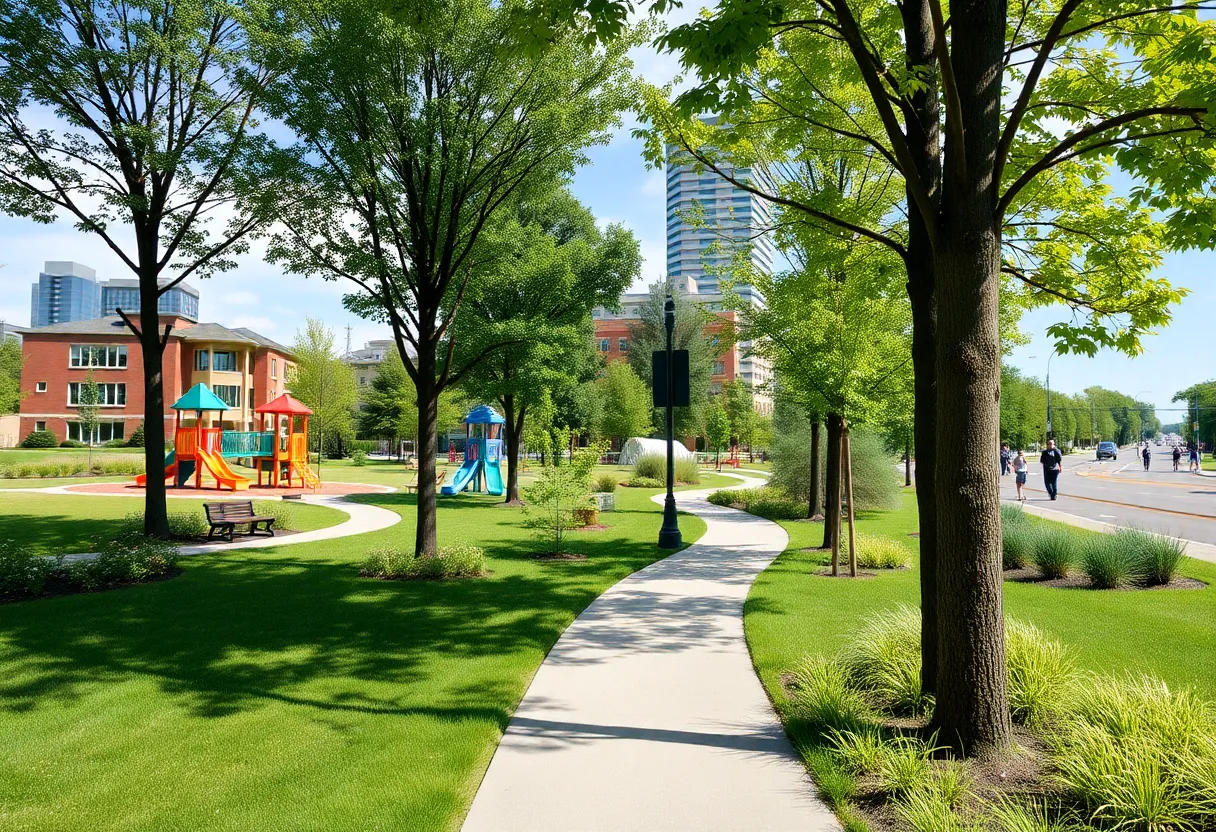 Enhanced trail area in Grand Rapids with playground and fitness equipment