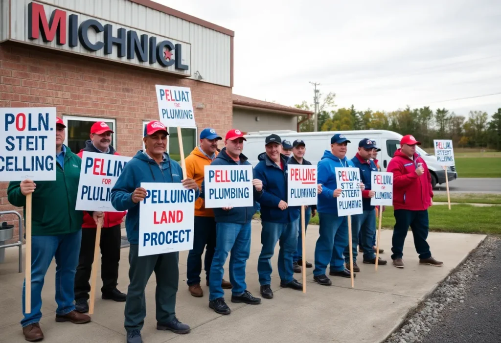 Plumbers union members picketing for recognition in Wyoming, Michigan.
