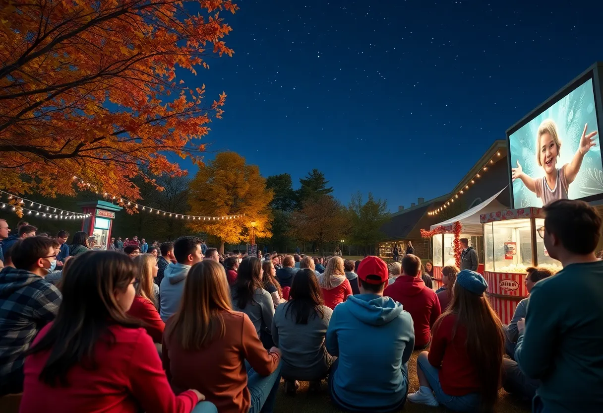 Students enjoying an outdoor movie screening at Grand Rapids Community College