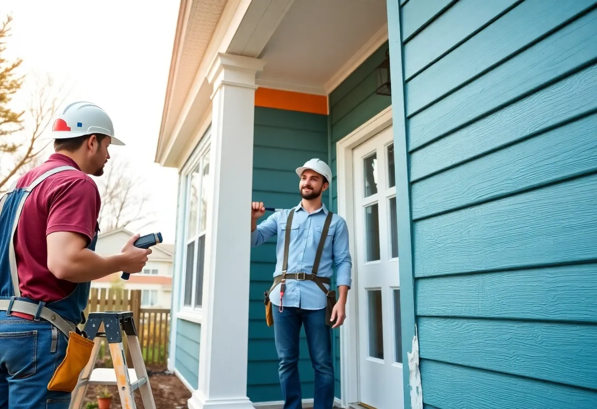 A professional painting team applying exterior paint on a house.
