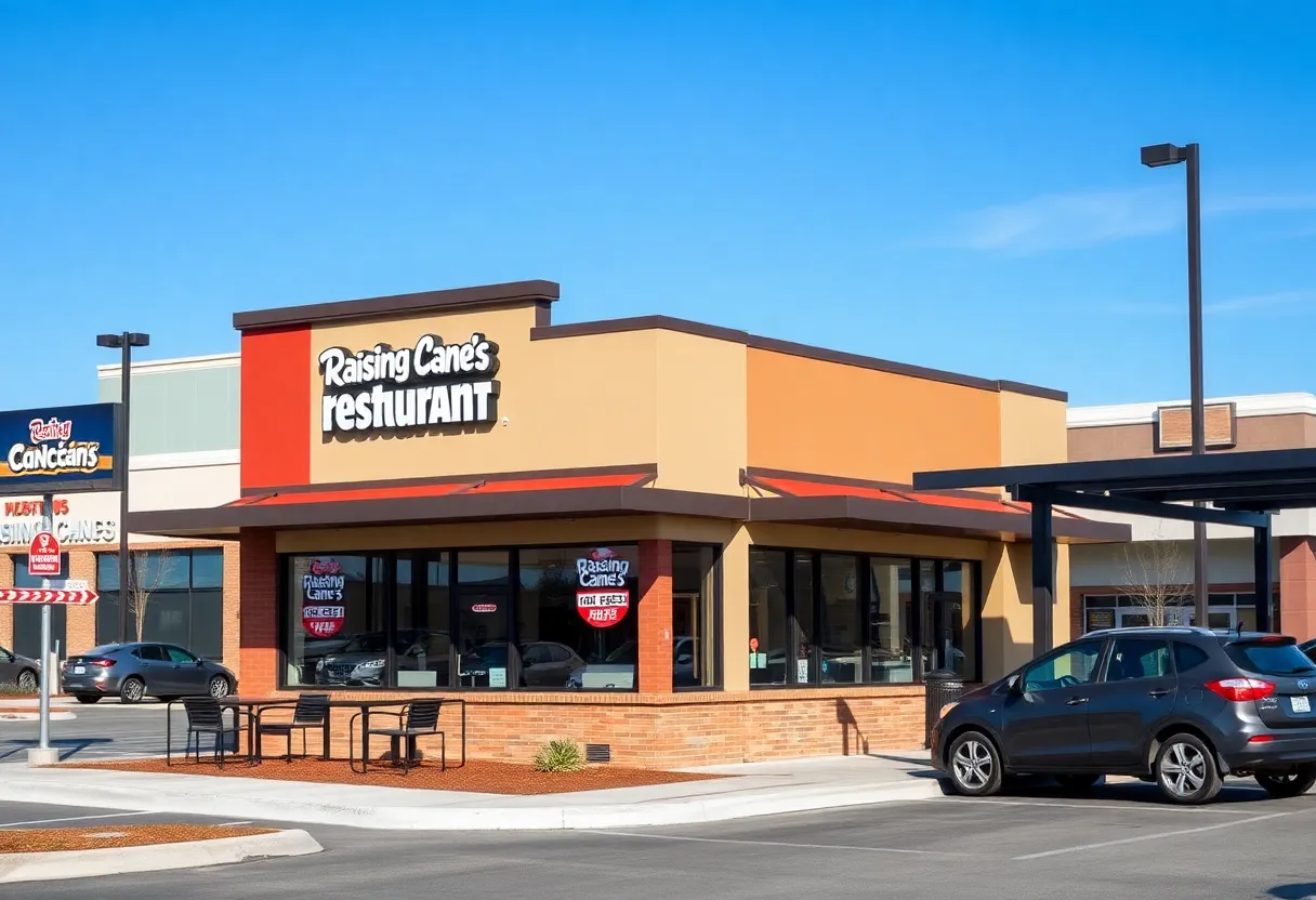 Exterior view of the new Raising Cane's restaurant in Grandville with outdoor seating.