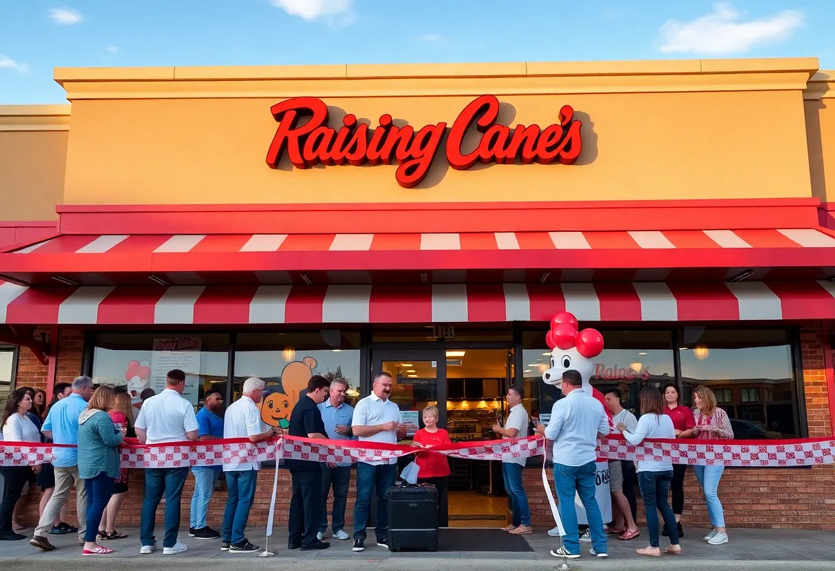 Exterior view of Raising Cane's restaurant during grand opening celebration in Kentwood, MI.