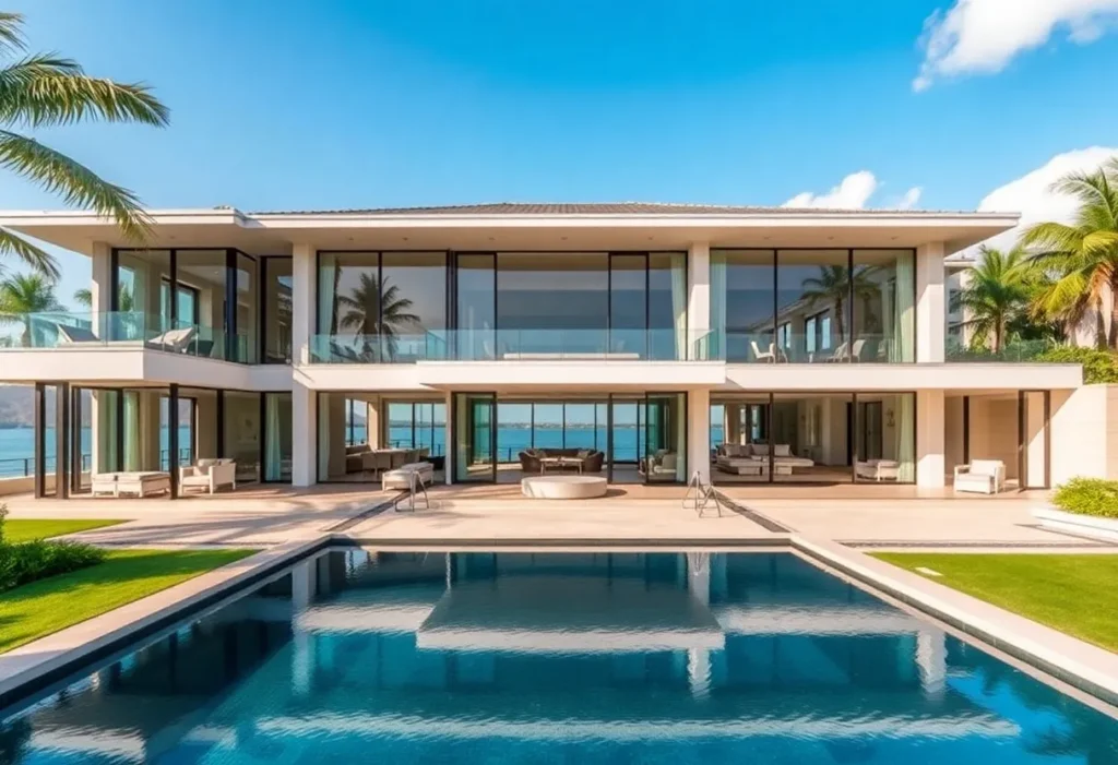 Exterior view of Matthew Stafford's luxury mansion with scenic lake background.