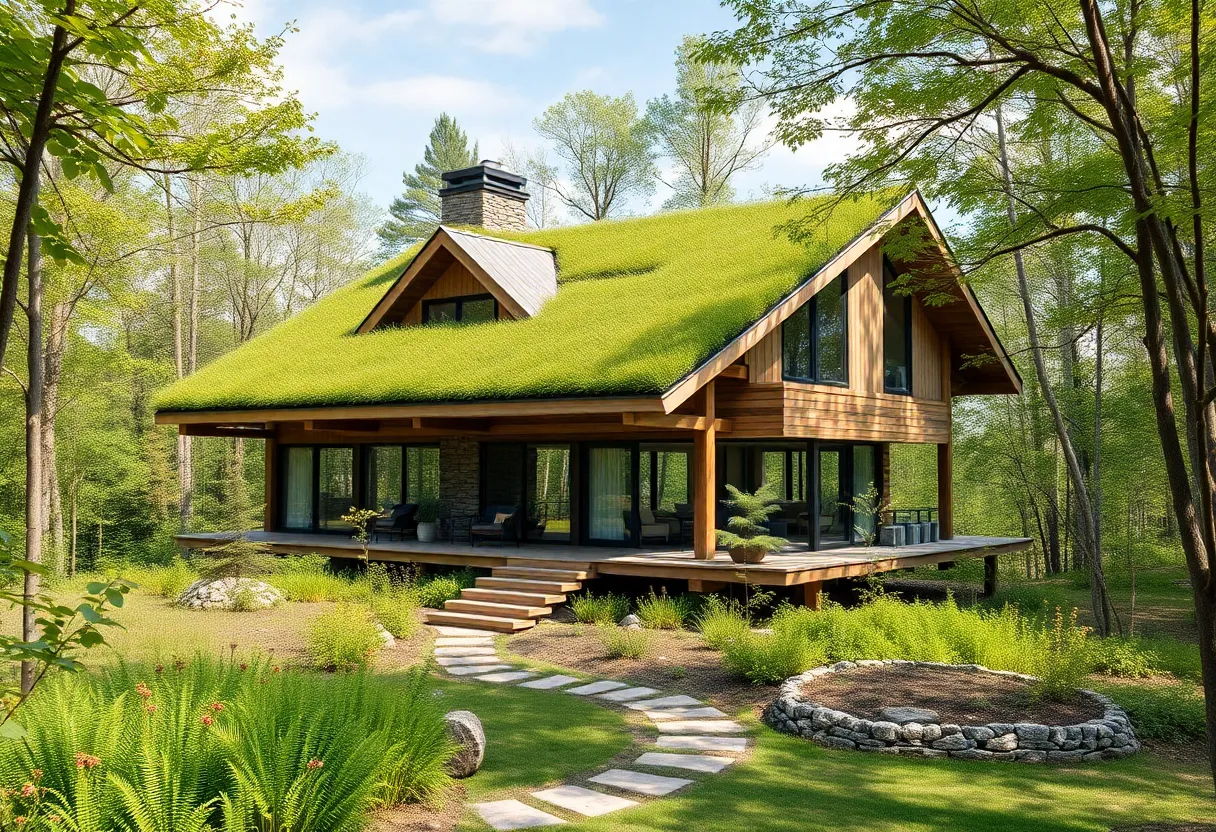 Exterior view of a sustainable house with a green roof