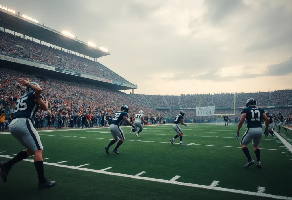 SVSU football team celebrating their upset victory over GVSU