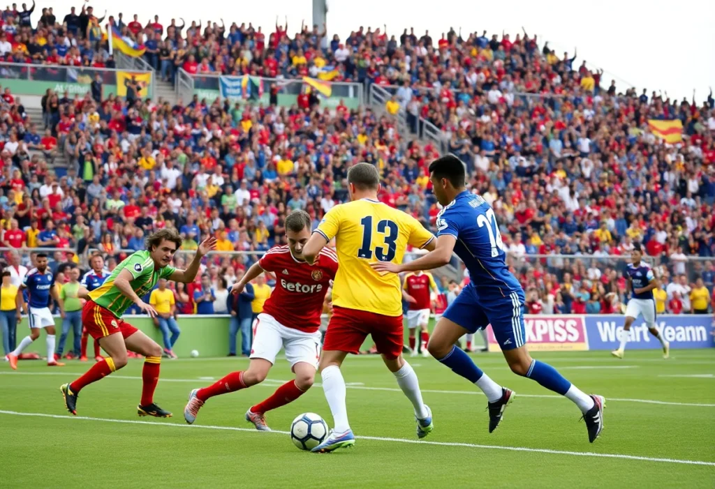 Football players from SVSU and GVSU competing during a game.