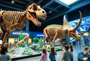 Exhibit display featuring a T. rex skeleton and a 3D mastodon model.