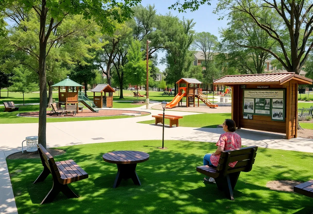 A scenic view of Unity Park featuring play areas and seating