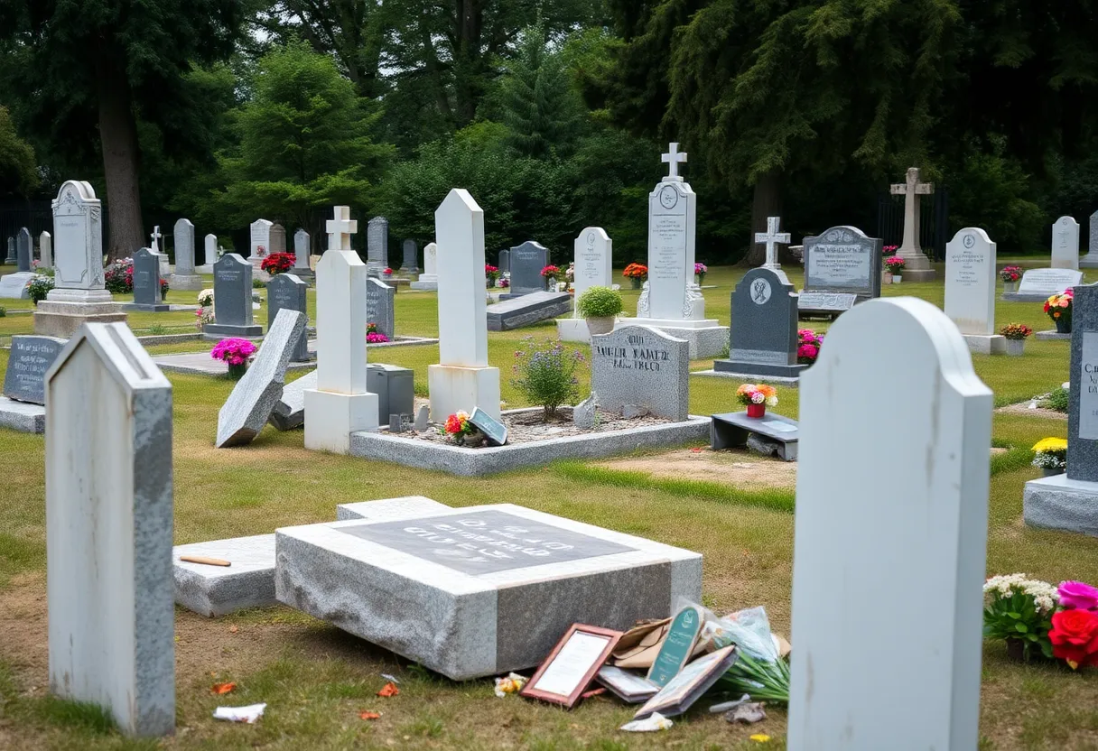 Vandalized headstones at Holy Cross Cemetery in Grand Rapids