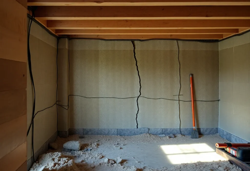Visual representation of bowing basement walls with cracks and moisture signs