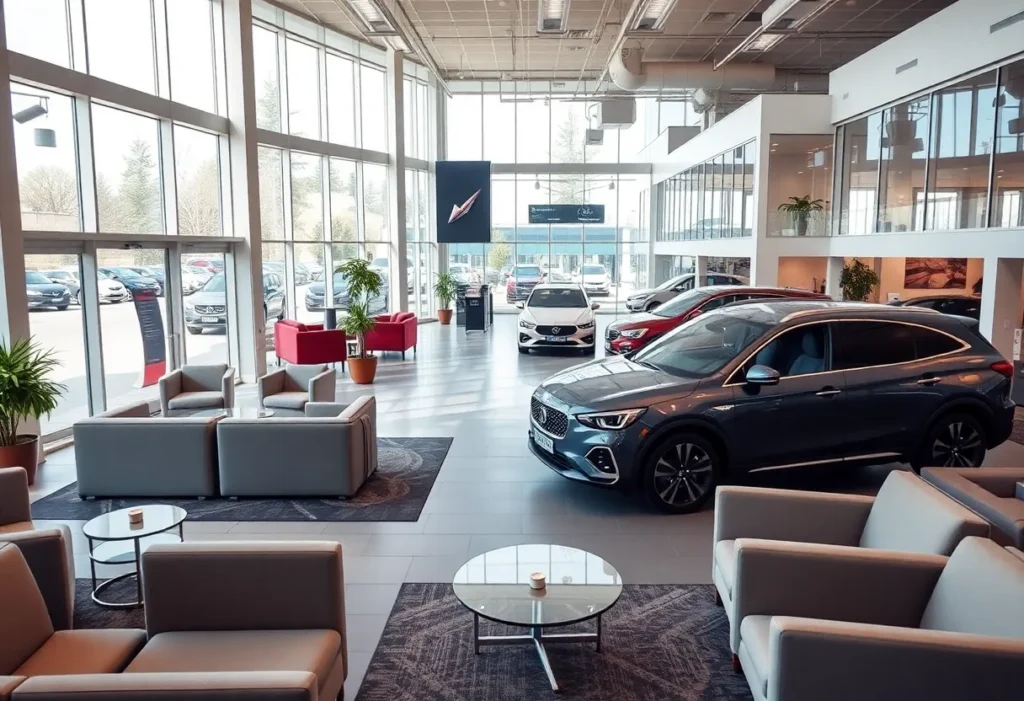Modern Ford dealership showing lounge seating and a welcoming reception area