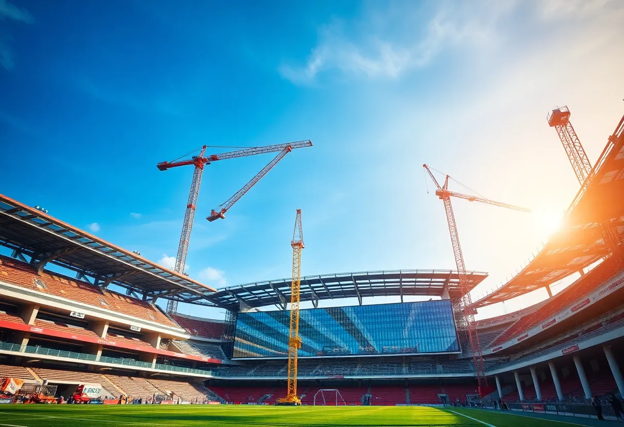 A sports stadium undergoing renovations with construction equipment