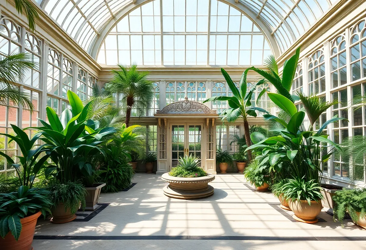 Inside the renovated Whitcomb Conservatory showcasing exotic plants and modern design elements.