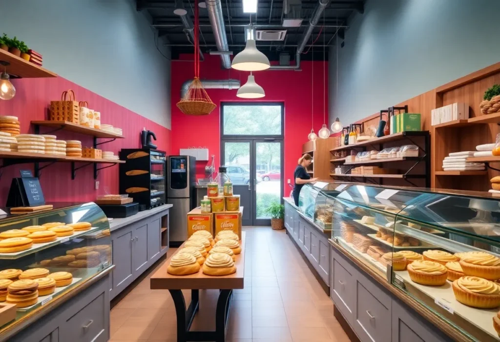 Interior view of Cinnaholic vegan bakery with colorful desserts on display.